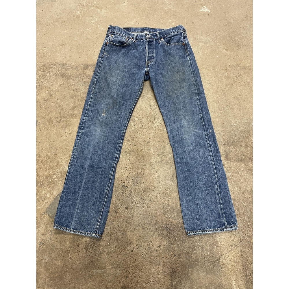 Levis 501 Jeans Mens 33x32 Medium Wash Blue Straight Leg Button Fly Distressed